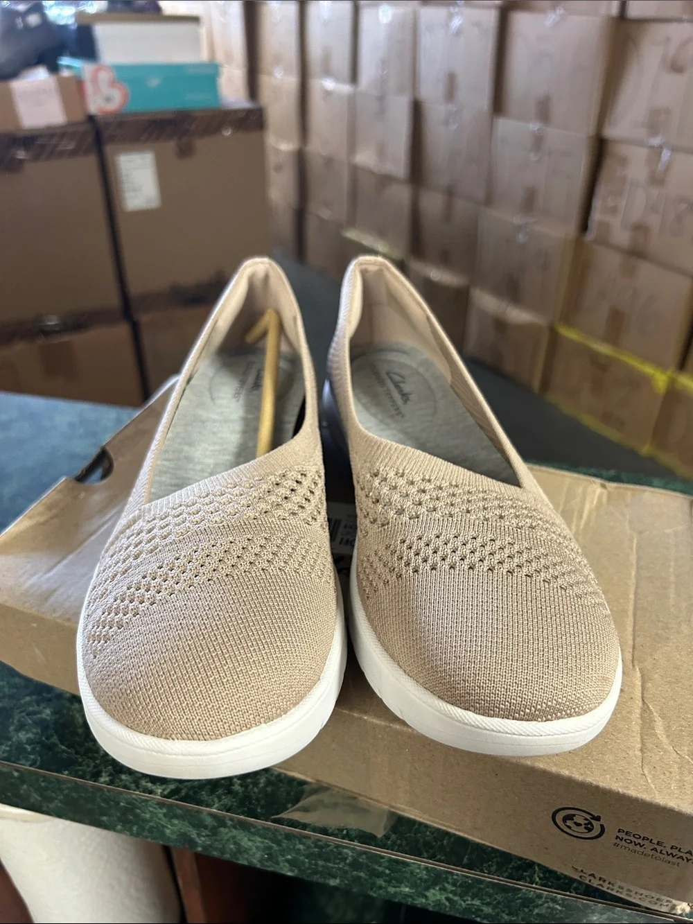 Clarks Beige Knit Slip-On Flats with Cushioned White Sole
